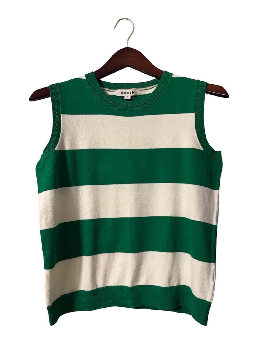 Boden Green White Striped Knit Sweater Vest Top Size Medium
